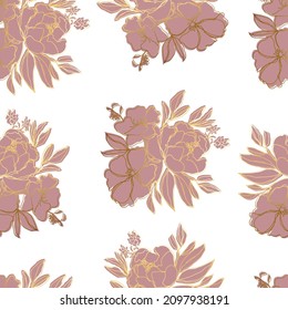 vector seamless pattern flowers with leaves. Botanical illustration for wallpaper, textile, fabric, clothing, paper, postcards