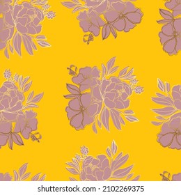 vector seamless pattern flowers with leaves. Botanical illustration for wallpaper, textile, fabric, clothing, paper, postcards