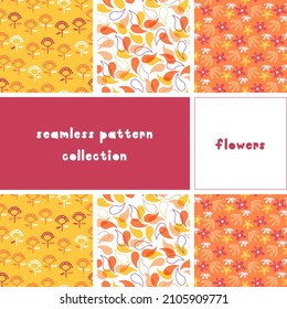 Vector seamless pattern. Flowers and leaves illustrations set collection. Hand made textures for fabric prints, wrapping paper, social media. Cute surface design resources. Background, backdrop. 