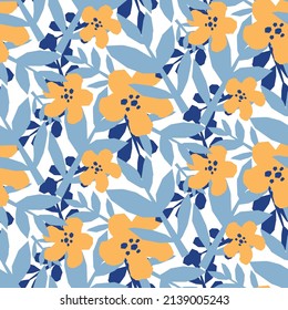 Vector seamless pattern with flowers leaves. Beautiful print with hand-drawn exotic plants. Botanical fashion design. Vector illustration.