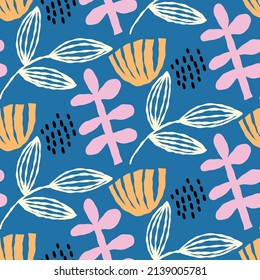 Vector seamless pattern with flowers leaves. Beautiful print with hand-drawn exotic plants. Botanical fashion design. Vector illustration.