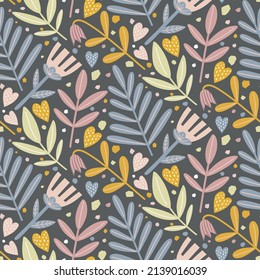 Patrón vectorial sin fisuras con hojas de flores. Hermosa impresión con plantas exóticas dibujadas a mano. Diseño de moda botánica. Ilustración vectorial.