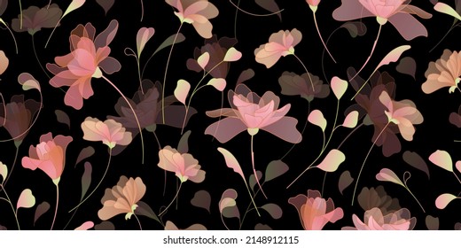 Vector seamless pattern with flowers and leaves on black background. Hand-drawn illustration perfect for textile, fabric, wrapping paper, decoration of flower shop, card.