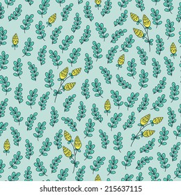 Vector seamless pattern with flowers and leaves. Hand drawing texture with clover and branches on the blue background.