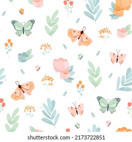 Patrón vectorial sin fisuras con flores, hojas y mariposas. Graciosa ilustración en colores pastel. Patrón para el diseño de textiles, embalajes, decoración de una habitación para niños.