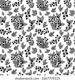 Vector  seamless pattern with  flowers and leaves lilly of the valley .  Herbaceous plant with fragrant white bellflowers. Modern texture for fashion prints, wrapping, textile, paper, wallpaper. 