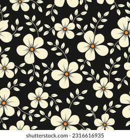 Vector seamless pattern with  flowers and leaves on black background