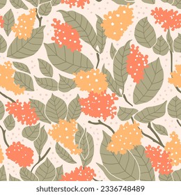 Vector seamless pattern of flowers and leaves. Simple modern illustration for trendy fabrics, wallpapers, wrapping paper, and linens. Beige, green, orange, and yellow colors.