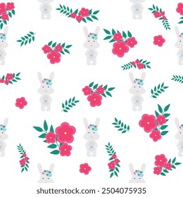Vector seamless pattern with flowers, leaves and rabbit. Nature prints for children. Perfect for as nursery decor, fabric, wrapping paper, greeting cards, home decor, wall art, stationery, baby shower