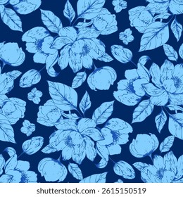 Vector seamless pattern with flowers and leaves, line art