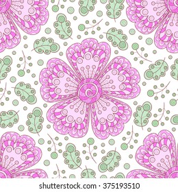 Vector seamless pattern with flowers and  leaves. Cute doodle background.