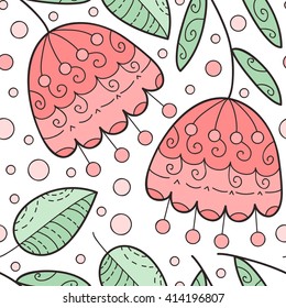 Vector seamless pattern of flowers and leaves. Cute doodle print.