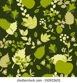 Vector seamless pattern with flowers and leaves in green colors. St Valentines day card. Floral doodles. 