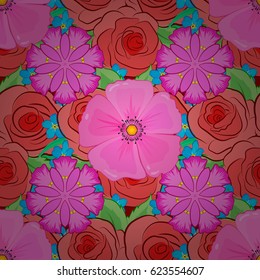 Vector seamless pattern with flowers and leaves on a red background. Floral background with watercolor effect. Textile print for bed linen, jacket, package design, fabric and fashion concepts.