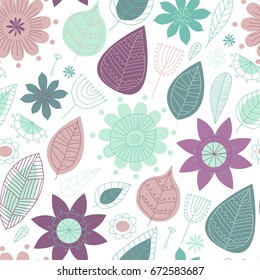 Vector seamless pattern of flowers and leaves on white background. Set of flowers in doodle style. Great for wallpapers, textiles, covers, postcards, background of packaging and any of your projects
