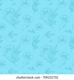 Vector seamless pattern with flowers and leaves in linear style