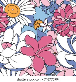 Vector seamless pattern with flowers and  leaves in pastel colors.