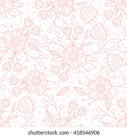 Vector seamless pattern of flowers and leaves.Pink cute background.