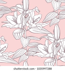 vector seamless pattern with flowers of lily, floral background, hand drawn illustration