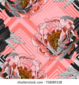 Vector seamless pattern with flowers and lines. 