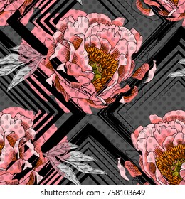 Vector seamless pattern with flowers and lines C