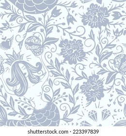 vector seamless pattern with flowers and mermaids