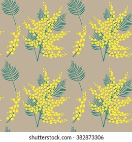 Vector seamless pattern with flowers. Mimosa, yellow flowers, leaves. Grey background