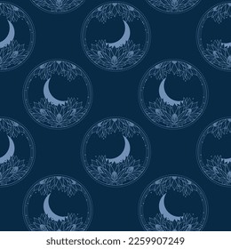 Vector seamless pattern with flowers and moon