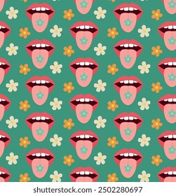 Vektor nahtloses Muster mit Blumen, Mund und Zunge. Farbiger Hippie-Hintergrund im flachen Stil.	