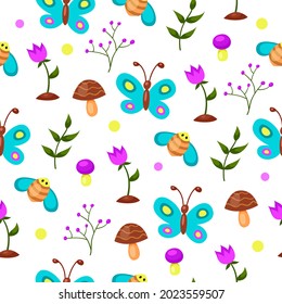 Vector seamless pattern with flowers, mushrooms, butterflies, leaves, berries and bees. Bright summer. Cute child illustration. Spring background in blue and violet colors