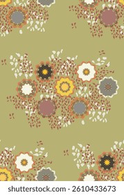 Vector seamless pattern of flowers and numerous spotted colored shapes.