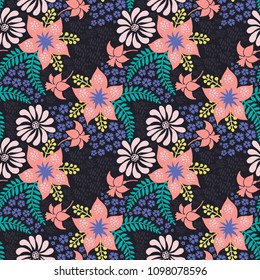 Vector seamless pattern with flowers on black color. Pattern on the theme of nature. Floristic ornament. Background for use in design
