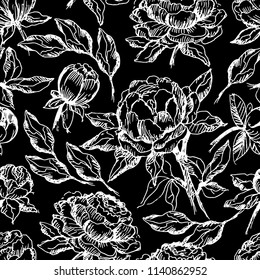 Vector seamless pattern with flowers on black background. Pattern with peonies
