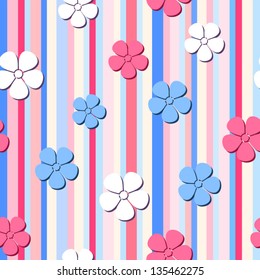 Vector seamless pattern with flowers on a striped background.
