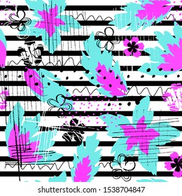Vector seamless pattern with flowers on repeated stripes background. Colorful wallpaper for textile and fabric.