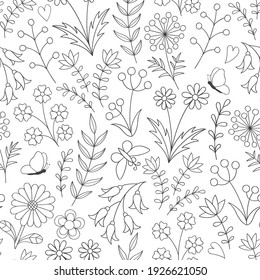 Vector seamless pattern with flowers on a white background. A sketch for coloring. Coloring antistress.