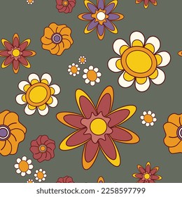 Vector seamless pattern with flowers on khaki background. Groovy retro style. Textile or paper print, template, wallpaper, background