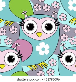 Vector seamless pattern with flowers and owls 2.