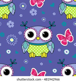 Vector seamless pattern with flowers and owls. Blue.