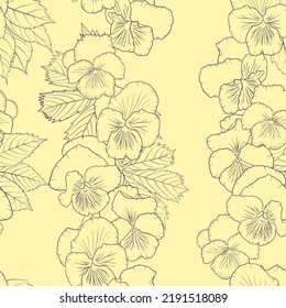 vector seamless pattern with flowers of pansy at light pastel yellow background , hand drawn botanical illustration