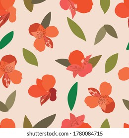 vector seamless pattern with flowers in a peachy background.