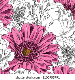 Vector seamless pattern with flowers. Peonies and gerbera. 