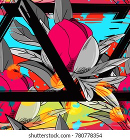 Vector seamless pattern with flowers. Peonies and triangles. 1