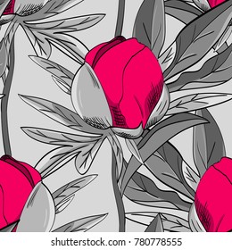 Vector seamless pattern with flowers. Peonies.