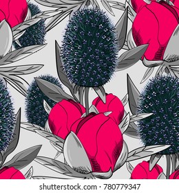 Vector seamless pattern with flowers. Peonies and bur.