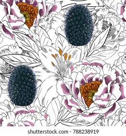 Vector seamless pattern with flowers. Peonies, white lilies and bur.