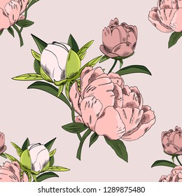 Vector seamless pattern with flowers. Pink peonies. 2