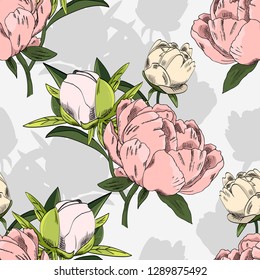 Vector seamless pattern with flowers. Pink peonies. 1
