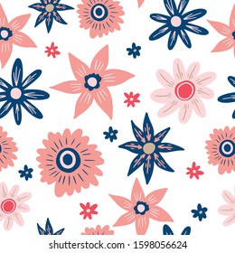 Vector seamless pattern flowers and plants on a blue background made by hand, design element for a holiday, wedding, invitation, print or textile.
