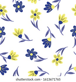 Vector seamless pattern flowers and plants on a blue background made by hand, design element for a holiday, wedding, invitation, print or textile.